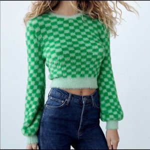 NWT Zara Green Checkered Cropped Sweater